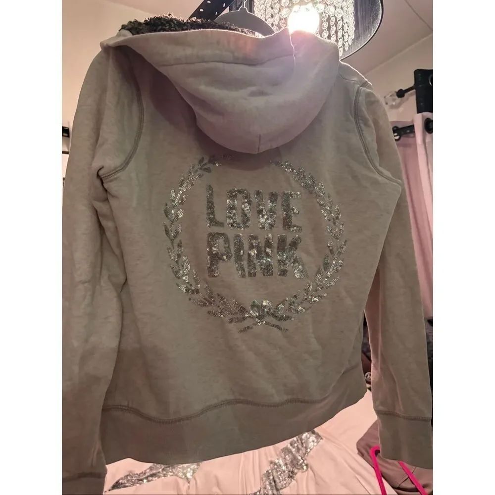 Vs pink y2k fur lined bling zip up hoodie jacket Sz small /S brkn zipper